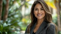 Smiling Hispanic businesswoman with long brown hair wearing grey blazer against blurred tropical background, natural lighting creates professional headshot.