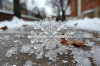 Delicate crystalline snowflake with intricate patterns and symmetrical branches captured in macro detail against blurred winter background with snow and fallen leaves.
