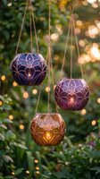 Three ornate hanging lanterns with intricate metalwork patterns suspended by golden chains, glowing warmly against blurred garden lights for outdoor decor.