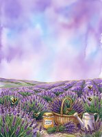 Watercolor lavender field landscape with wicker basket and watering can under purple sky for rustic home decor and botanical art projects.