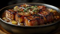 Juicy grilled pork belly with caramelized glaze and fresh herbs served in rustic pan with roasted vegetables and savory sauce, close up food photography.