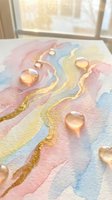 Abstract watercolor painting with golden streams and glass heart shapes on textured paper near sunny window for romantic art projects and creative designs.