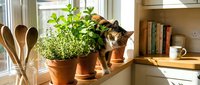 Curious tabby cat sitting among fresh herb plants in terracotta pots on sunny kitchen windowsill with wooden utensils and books creating cozy domestic scene.