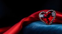 Red crystal heart pendant with diamond frame on dark blue velvet and flowing red silk fabric background, romantic luxury jewelry composition for Valentine's day or anniversary gift.