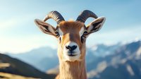 Young male mountain goat with curved horns against blurred mountain landscape background, close-up portrait showing detailed facial features and alert expression.