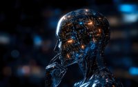 Futuristic digital profile of glowing translucent head with circuit patterns and neural networks illuminated in blue and orange against dark background.