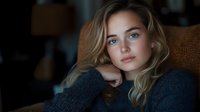 Young blonde woman with blue eyes wearing gray sweater looking thoughtfully at camera in moody natural lighting, soft portrait with shallow depth of field.