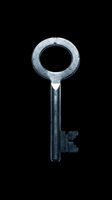 Antique metal key with circular head and notched shaft, isolated on transparent background, ready for clipart, t-shirt design, stickers, print-on-demand products, and sublimation projects.
