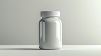 White plastic medicine bottle with screw cap on neutral background, minimalist pharmaceutical container mockup for supplement or prescription drug packaging.