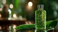 Green aloe vera gel serum bottle with fresh leaf on wooden surface, natural skincare cosmetic product for moisturizing and healing treatment.