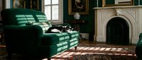 Elegant living room interior with green leather armchair, ornate fireplace, and classic decor creating sophisticated home atmosphere for luxury design projects.