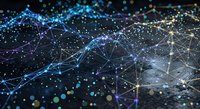 Abstract digital network with glowing blue and purple connections, dots and lines creating futuristic data visualization for technology presentations.