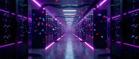 Futuristic data center server room with purple neon lighting and glowing network connections. Modern technology infrastructure for cloud computing and storage.