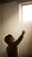 Young child reaching up toward bright sunlight streaming through window in warm indoor setting with dramatic lighting and peaceful atmosphere.