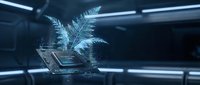 Futuristic holographic fern plant emerging from laptop computer in modern sci-fi environment with neon lighting effects for technology and nature concepts.