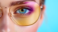 Close up view of bright blue eye with vibrant pink and purple eyeshadow makeup seen through stylish gold-rimmed glasses against turquoise background.