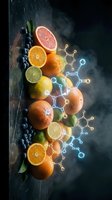 Fresh citrus fruits with molecular structure overlay representing vitamin C and antioxidants for health and nutrition science concepts.
