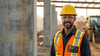Smiling construction worker in yellow hard hat and safety vest at building site during golden hour sunset with concrete structures and equipment in background.
