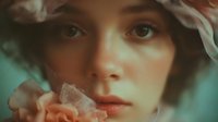 Young woman with delicate features gazing pensively, surrounded by soft pink flowers and ethereal light, creating a dreamy romantic atmosphere.
