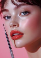 Close-up beauty portrait of Asian woman with freckles, bright red glossy lips and professional makeup brush against pink background, fashion cosmetics concept.