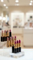 Luxury lipstick collection display on clear acrylic stand in upscale cosmetics store with soft lighting and blurred retail background for beauty marketing.