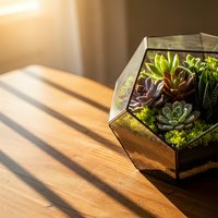 Geometric glass terrarium with colorful succulents on wooden table in warm sunlight for modern home decor and indoor gardening projects.