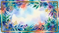 Watercolor floral frame with vibrant botanical elements, leaves, and flowers in rainbow colors surrounding empty center space for text or design use.