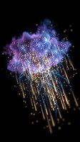 Abstract digital cloud with glowing fiber optic streams and particles on black background for technology and data visualization concepts.