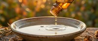 Golden honey dripping from wooden dipper into ceramic bowl on rustic table with autumn bokeh background. Natural sweetness for cooking and wellness.