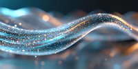 Glowing blue wave with sparkling particles flowing in dark space, abstract luminous curved lines with bokeh effect and shimmering dots. Suitable for tech backgrounds.