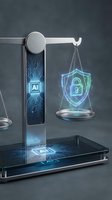Digital justice scale balancing artificial intelligence chip and cybersecurity shield with glowing circuit patterns on futuristic platform.