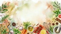 Culinary ingredients arranged on watercolor background with fresh vegetables, herbs, oil, and cooking utensils for food styling and recipe design projects.