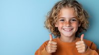 Young person with curly blonde hair wearing orange sweater showing thumbs up against blue background, expressing positivity and confidence.