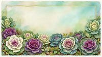 Watercolor floral border featuring blooming roses and succulents in soft pink, purple, and cream tones with green foliage on aged paper background.