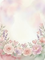 Watercolor floral frame with pink roses, peonies, lavender sprigs, and heart shapes on soft pastel background. Isolated design element for wedding invitations, greeting cards, and stationery projects.