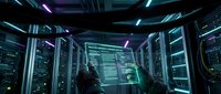 Futuristic data center with glowing server racks and holographic displays in cyberpunk style interior for technology and sci-fi concepts.