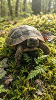 Wild tortoise walking through lush green forest floor covered with ferns and moss in natural woodland habitat during golden hour sunlight.