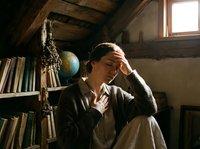 Stressed young woman sitting in rustic attic library holding head in hands showing mental fatigue and overwhelm in cozy reading space.