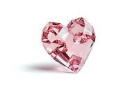 Pink crystal heart shape with geometric facets and soft shadow on white background, isolated decorative element for romantic designs and valentines projects.