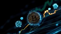 Futuristic cryptocurrency concept with glowing bitcoin symbol and rising market chart line, surrounded by abstract virus particles on dark background.