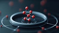 Molecular structure floating above rippling water surface in dark setting with red atoms connected in geometric pattern, dramatic scientific visualization.