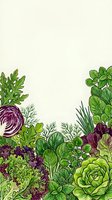 Hand-drawn vegetable garden border featuring red cabbage, purple lettuce, green leafy greens, and fresh produce arranged on cream background. Suitable for recipe cards, menus, cooking blogs, and culinary designs.