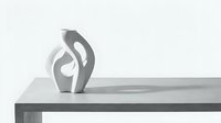 Monochrome abstract sculpture with flowing organic forms on wooden shelf, contemporary art decor for modern interior design and minimalist spaces.