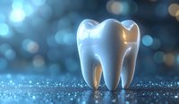 Glossy tooth with golden inner glow standing on sparkling blue surface with bokeh lights, representing dental health, oral care, and tooth whitening treatments.
