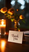 Elegant thank you card on wooden table with glowing candle and orange roses in vase creating warm, intimate atmosphere for special occasions and gratitude messages.