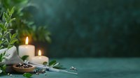 Tranquil spa composition with burning candles, aromatic herbs, and natural elements against dark green background for wellness and relaxation concepts.