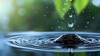 Water drop splashing into calm surface creating concentric ripples and crown formation with floating droplets against blurred natural green background.