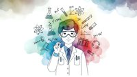 Male scientist in lab coat with chemistry formulas and laboratory equipment on colorful watercolor background for educational materials.