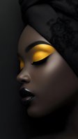 Side profile portrait featuring dramatic yellow eyeshadow, dark lips, and black headwrap against dark background, showcasing striking makeup artistry and elegant beauty.