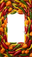 Colorful hot chili peppers frame border with white copy space center for spicy food menu design, cooking recipes and culinary promotional materials.